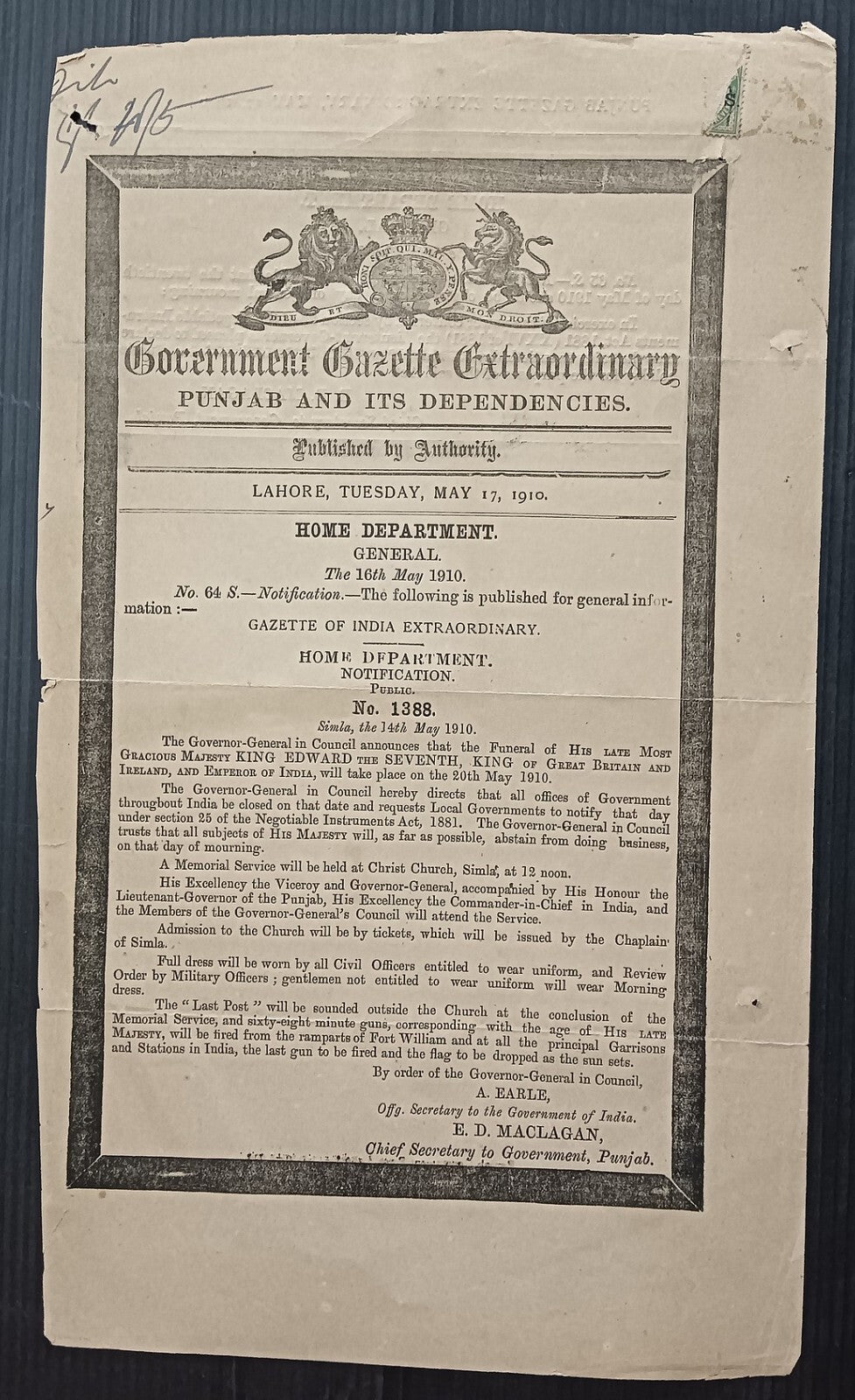 India 1910 mourning Gazette notifying the funeral of King Edward VII Emperor