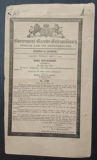 India 1910 mourning Gazette notifying the funeral of King Edward VII Emperor