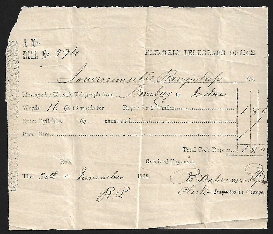 India ELECTRIC TELEGRAPH OFFICE Bombay receipt used 1858