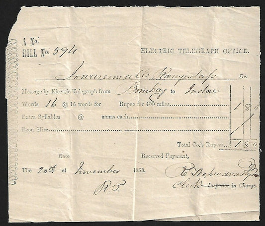 India ELECTRIC TELEGRAPH OFFICE Bombay receipt used 1858