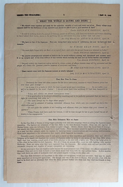 India 1944 WW2 Propaganda rag BEHIND THE HEADLINES ITALIAN POLITICAL SCENE 8pgs