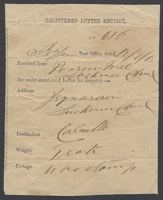 India 1862 Registered Letter receipt Jeypore Post Office to Calcutta