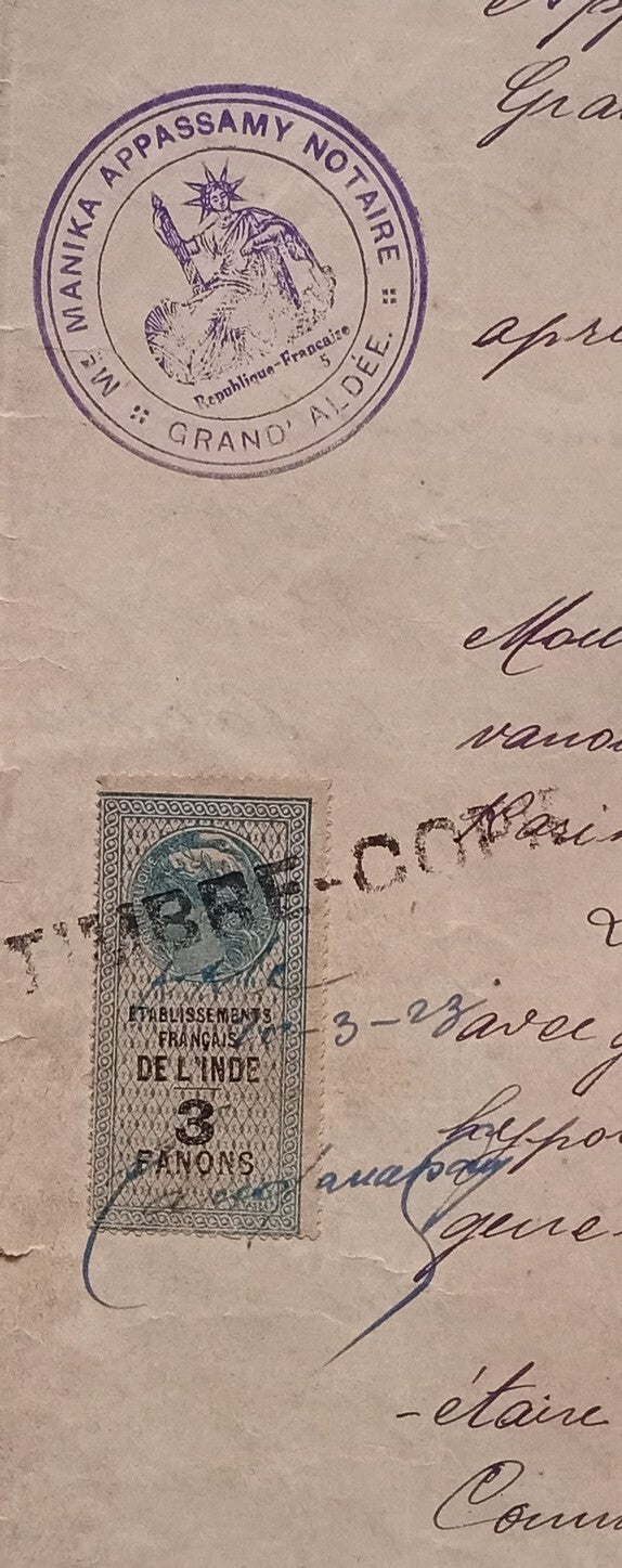AOP French India 1909 3fa revenue stamp on 1922 8 page GRAND ALDEE document