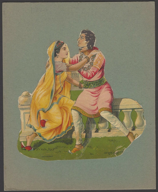 India vintage litho print Romantic cutout mounted on board