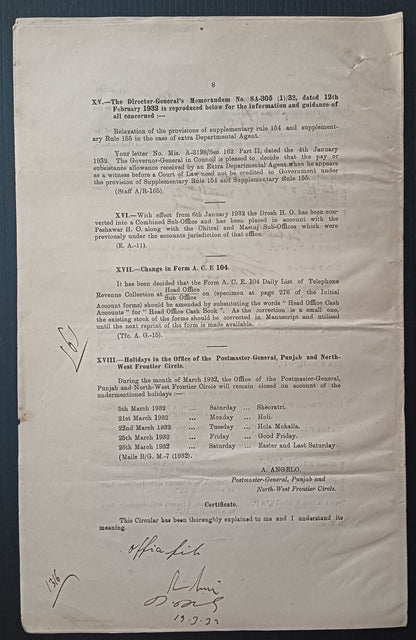 India 1932 PG'S POSTAL CIRCULAR Postage Due Two & Half Annas stamps, etc.