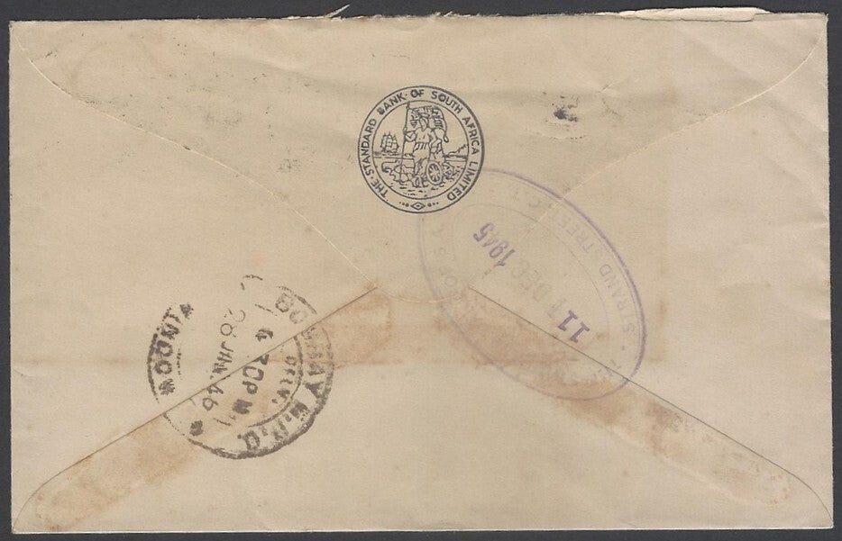 AOP South Africa 1943 bantam 2d single franking cover Durban to India