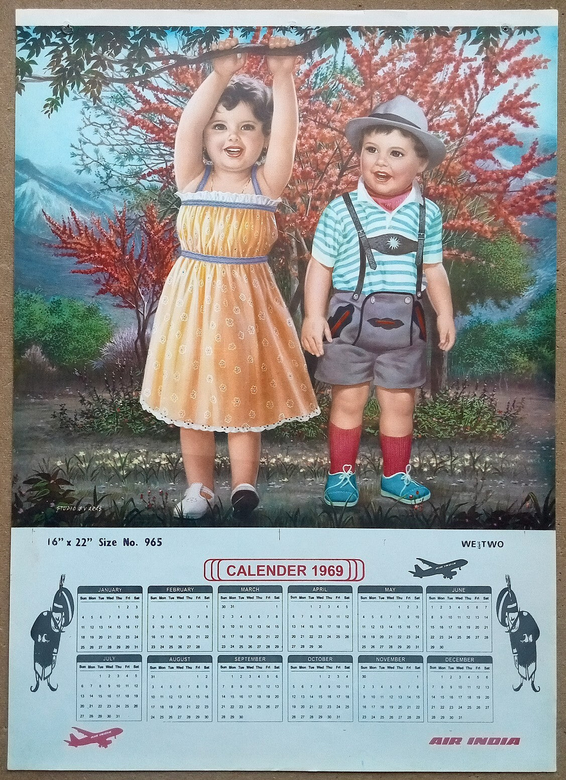 AIR INDIA 1969 poster calender 699 - GARDEN BABY - R