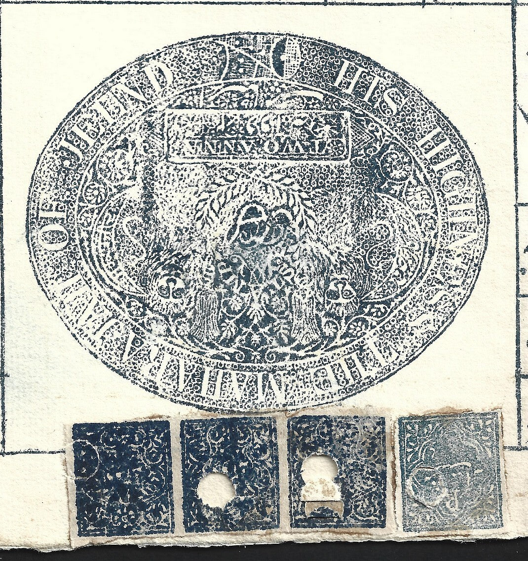 India Jind State 1882-85 2a blue (SG J30) x 4 on 2a double sized stamp paper