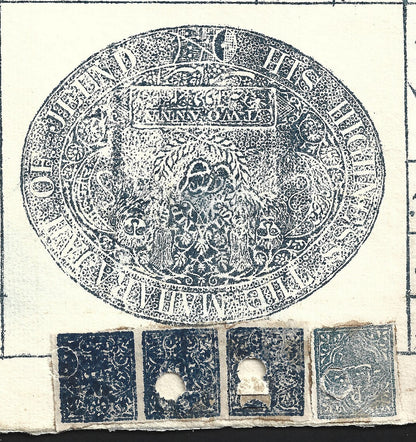 India Jind State 1882-85 2a blue (SG J30) x 4 on 2a double sized stamp paper