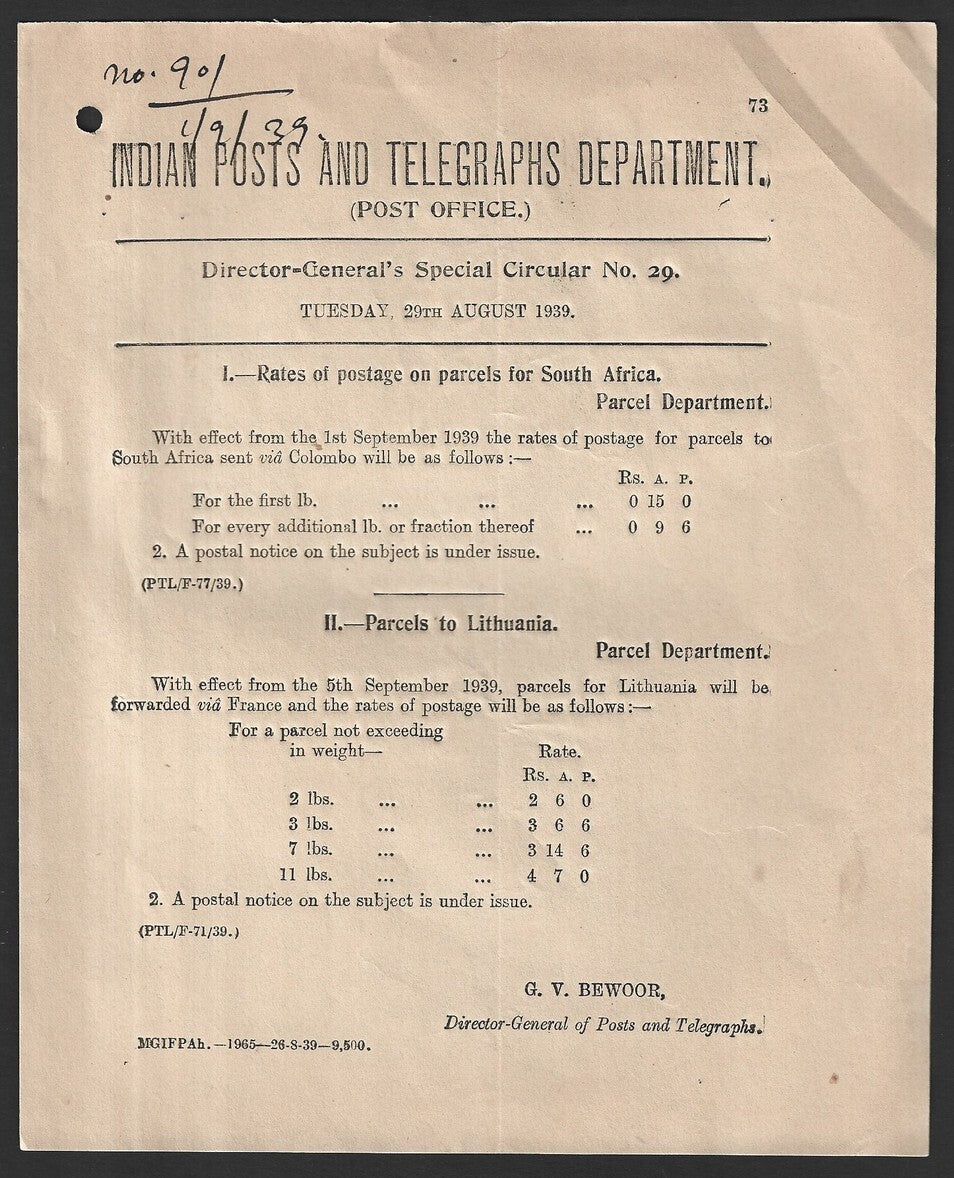 India 1939 POSTAL NOTICE - Parcels to South Africa & Lithuania