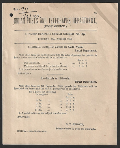 India 1939 POSTAL NOTICE - Parcels to South Africa & Lithuania