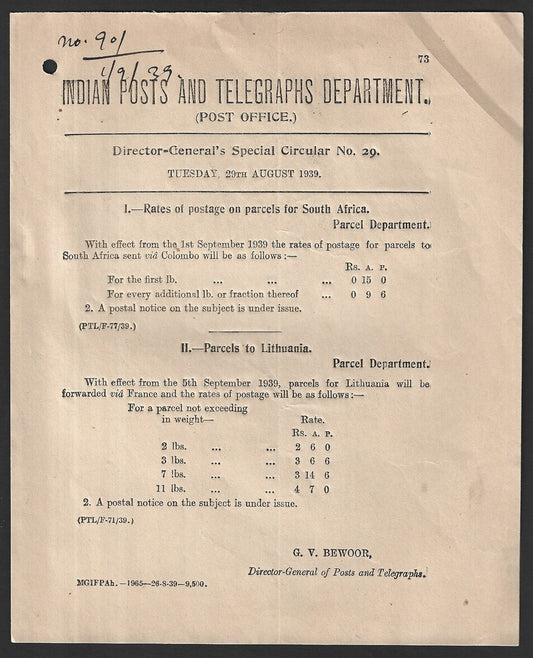 India 1939 POSTAL NOTICE - Parcels to South Africa & Lithuania