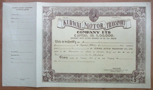 India KURWAI MOTOR TRANSPORT 1900s share certificate