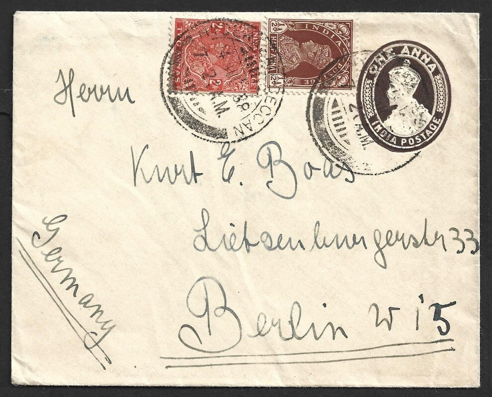 AOP India KGV 1a envelope uprated KGV 2a & KGVI 1/2a to Berlin, Germany