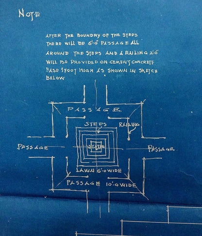 India 1928 blue print for a pedestal for a statue of Maharana Wankaner 20“x28”