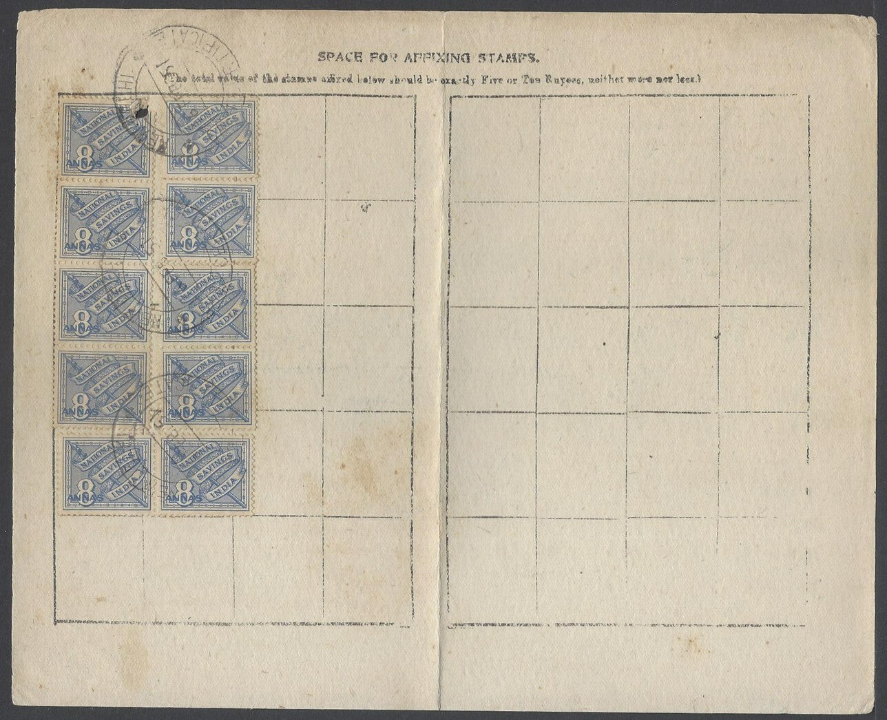 India National Savings card with 1947 NATIONAL SAVINGS INDIA stamps x 10