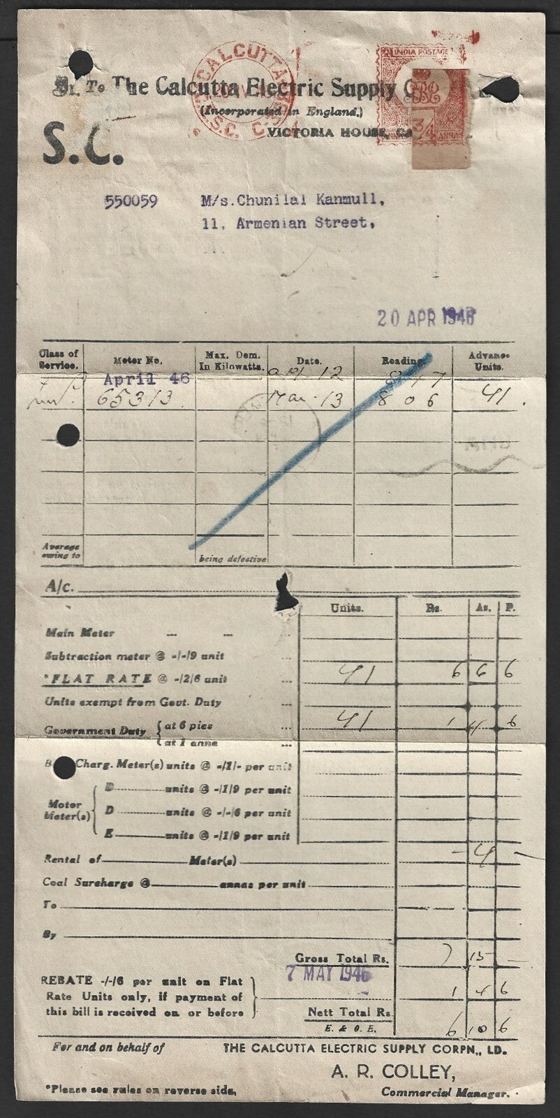 India CESB Calcutta Electric Supply Co. meter on 1946 bill