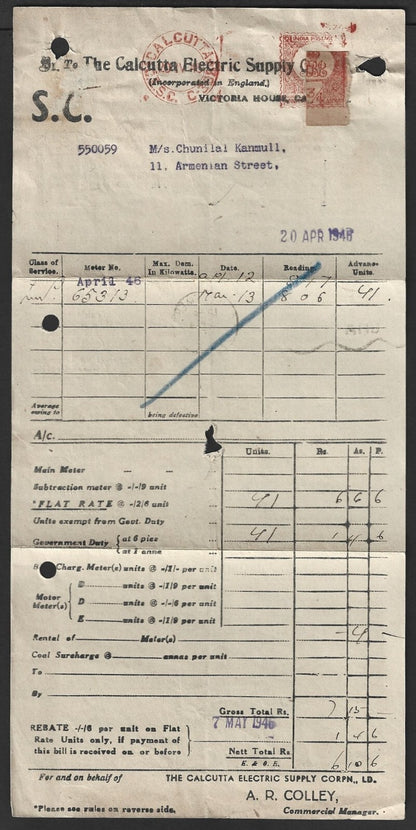 India CESB Calcutta Electric Supply Co. meter on 1946 bill