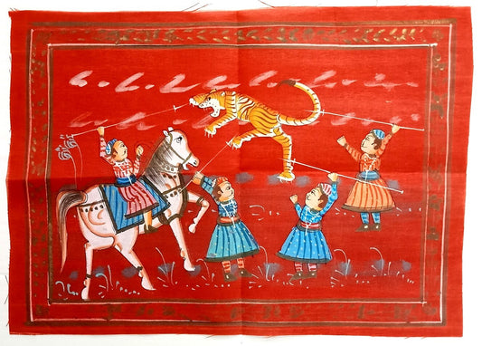 India Mughal Scene hand painted on red cloth 22 x32 cm