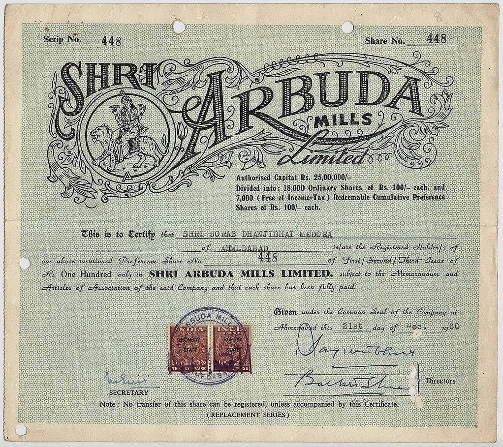 India Arbuda Mills Ltd 1960 equity share certificate