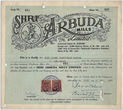 India Arbuda Mills Ltd 1960 equity share certificate
