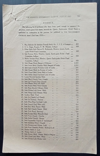 India 1925 QUETTA EARTHQUAKE RELIEF FUND Donation list