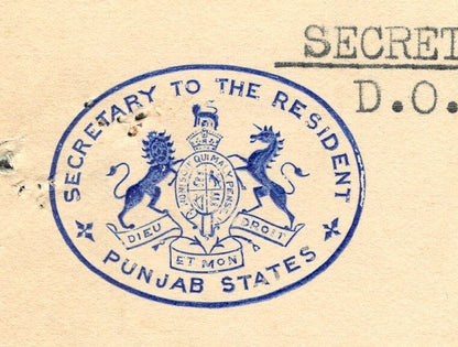 India 1942 crested letter SECRETARY TO RESIDENT PUNJAB STATES Playfair Cypher