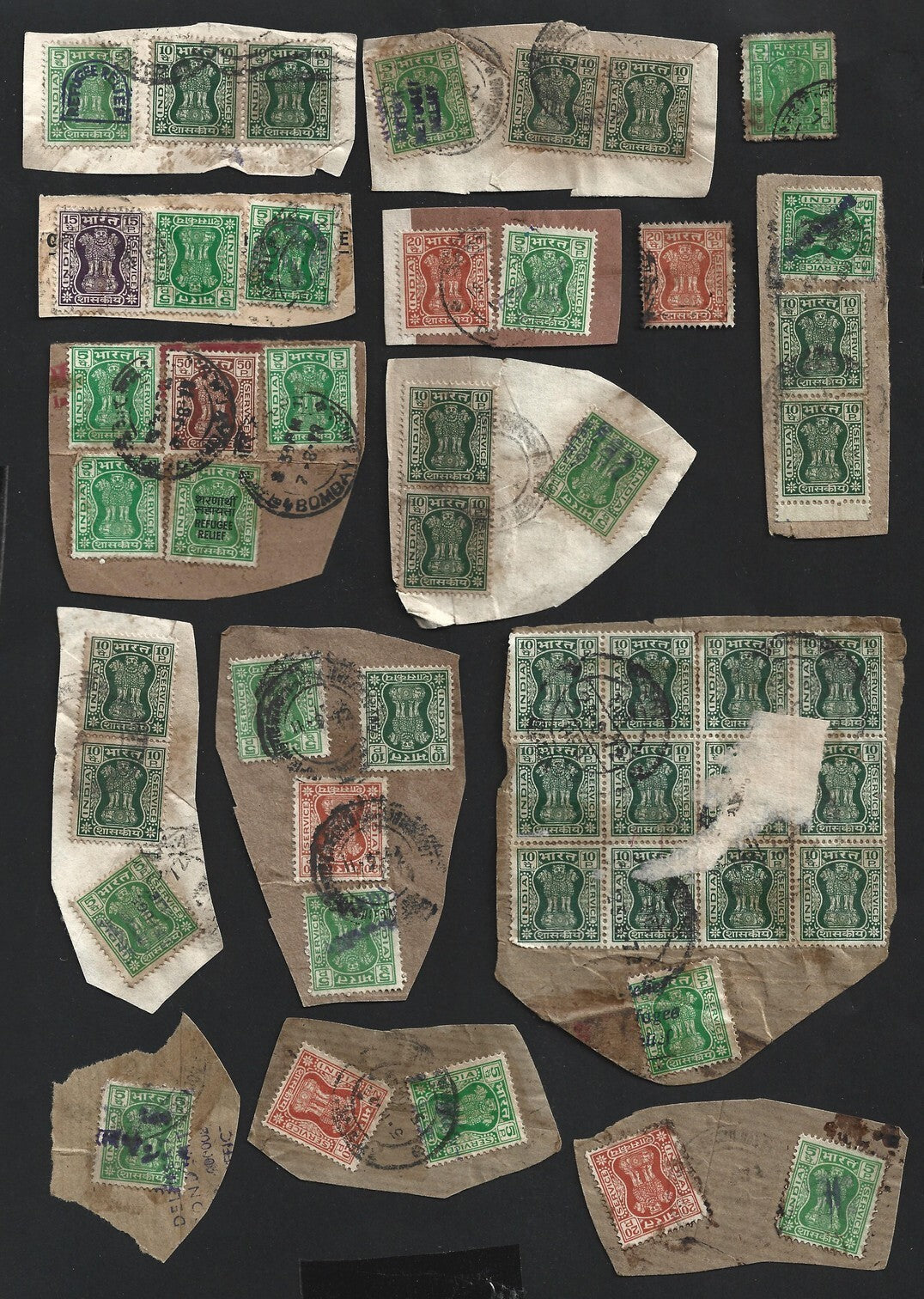 India 1971 Refugee Relief rubberstamp ovpts on pieces 19 pic LARGE COLLECTION