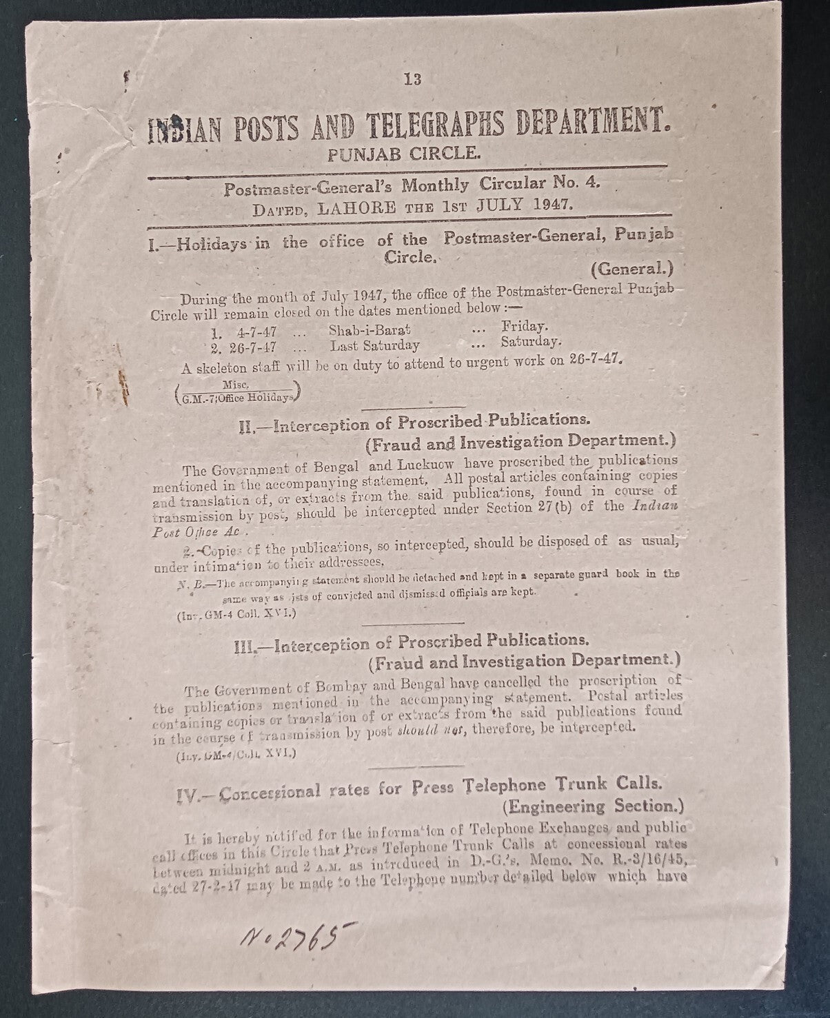 India PUNJAB CIRCLE POSTAL CIRCULAR #4 1947 Interception Proscribed Publications