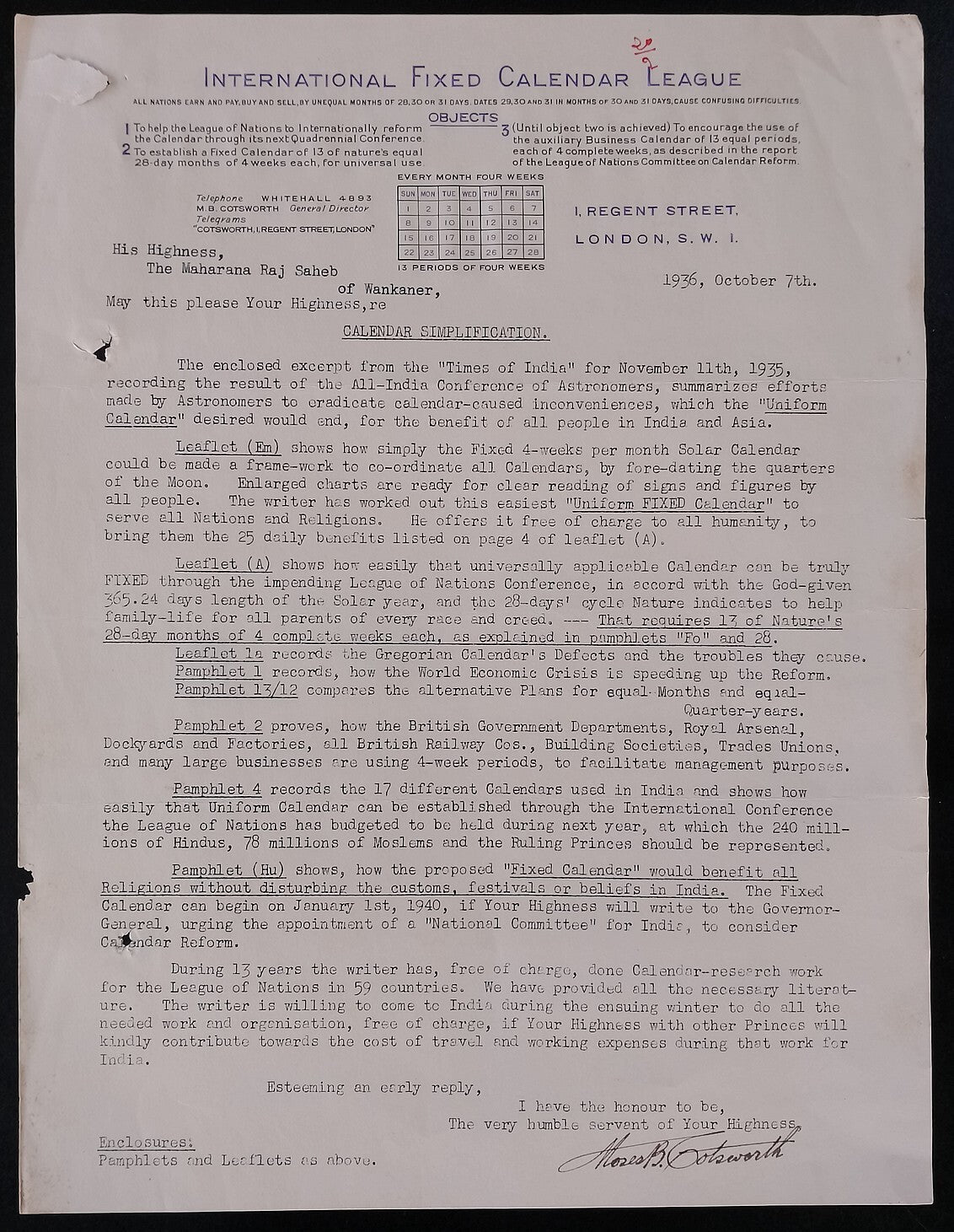 AOP India 1936 INTERNATIONAL FIXED CALENDAR LEAGUE proposal to Maharaja Wankaner