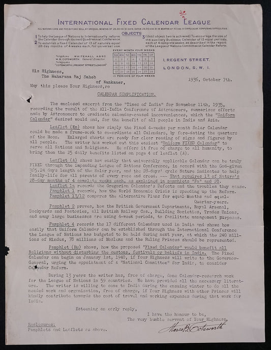 AOP India 1936 INTERNATIONAL FIXED CALENDAR LEAGUE proposal to Maharaja Wankaner