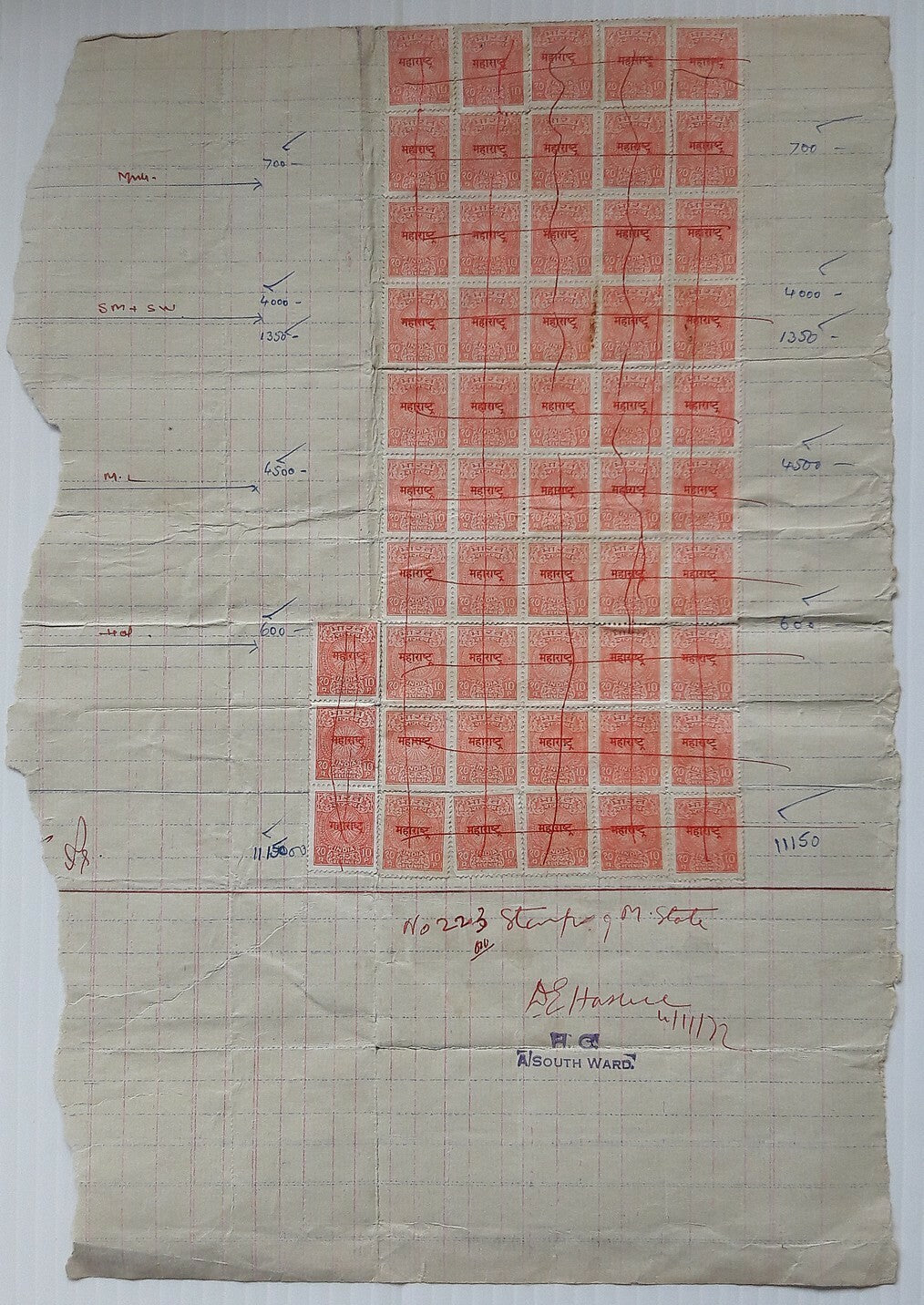 India 154 Refugee Relief revenue stamps on document page