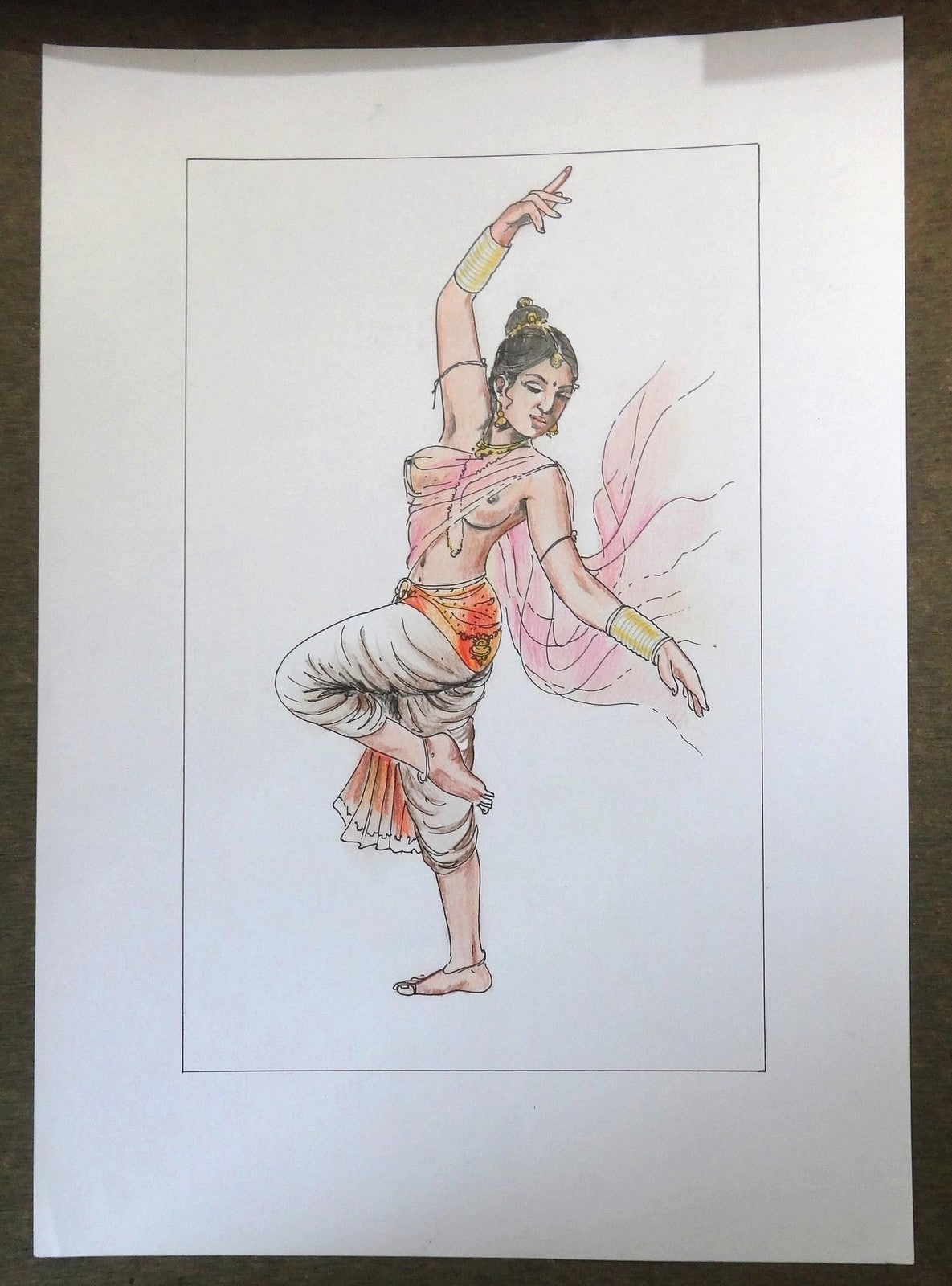 Indian dancing beauty watercolors crayons & ink on card 12''x 17''