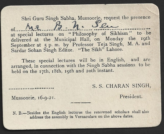 India 1921 Guru Singh Sabha, Mussoorie lecture PHILOSOPHY OF SIKHISM invitation