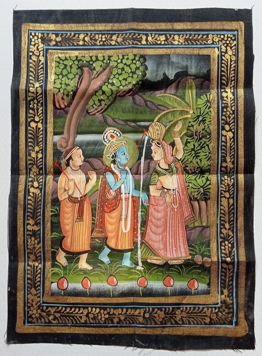 India vintage hand painting on cloth RADHA, KRISHNA & BALRAM 9 x 12 inches