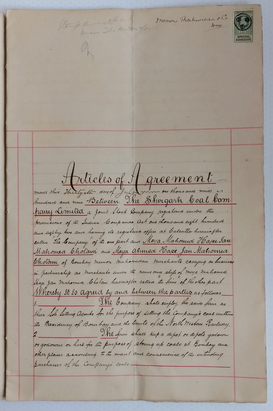 AOP India 1909 Indenture : Shergarh Coal Co Ltd