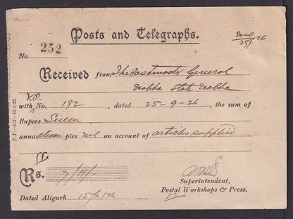 India 1924 printed receipt headed "POSTS AND TELEGRAPHS", Aligarh
