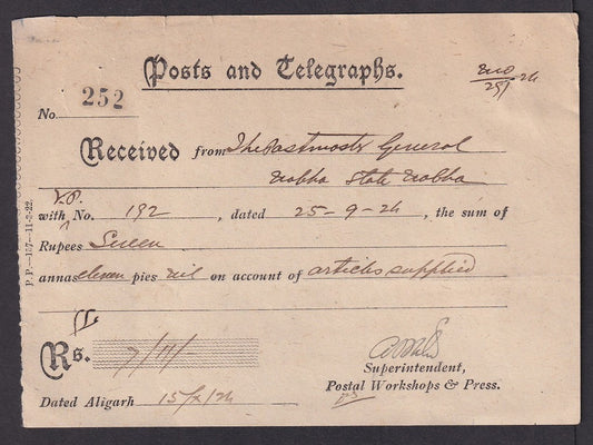India 1924 printed receipt headed "POSTS AND TELEGRAPHS", Aligarh