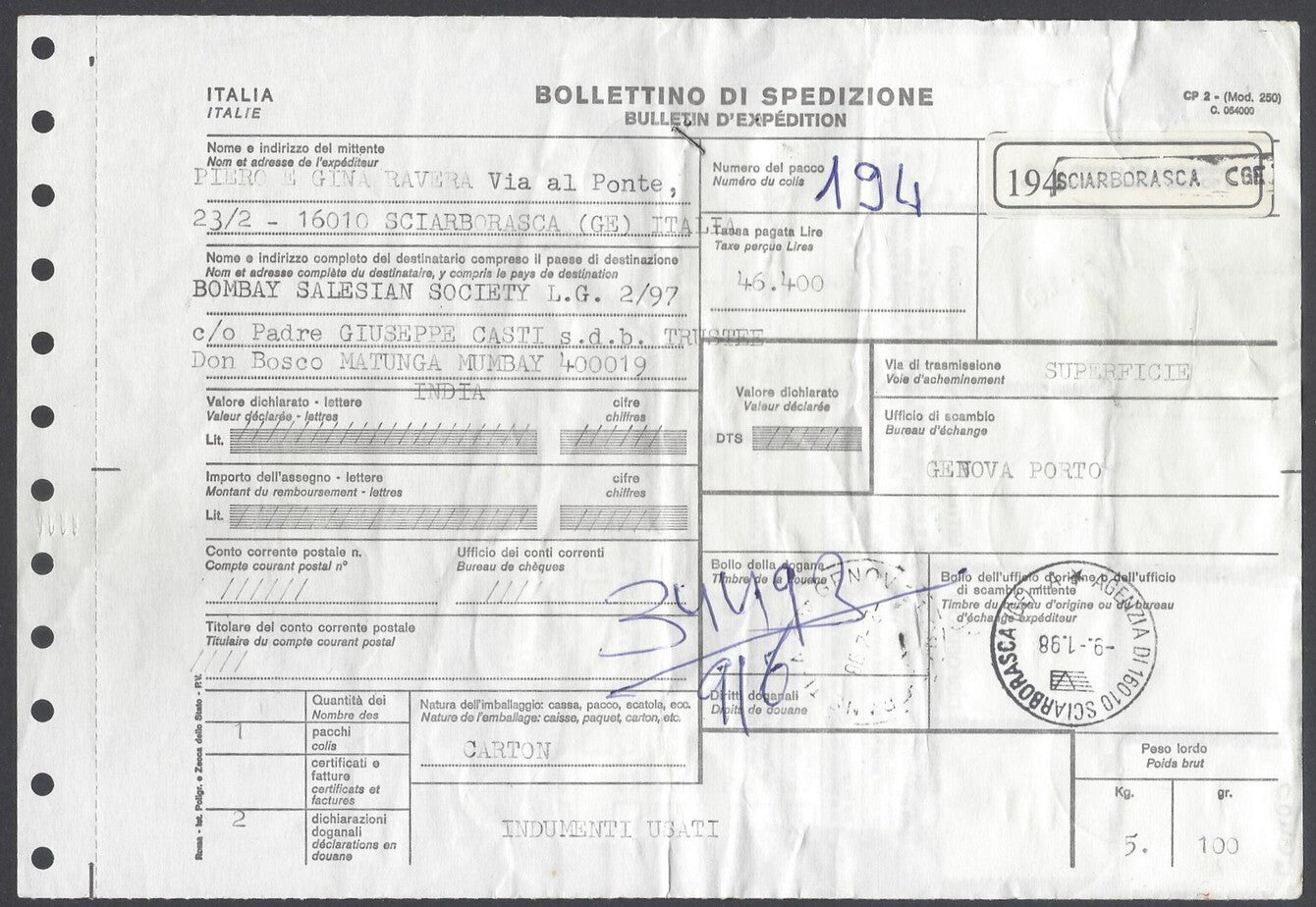 AOP Italy #2076 (4) Via Terra 4650L, etc. on parcel card to India