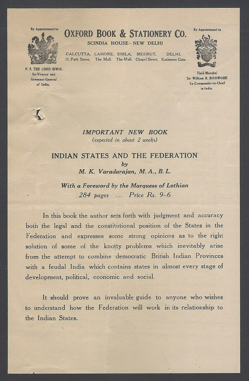 AOP Illustrated letterhead Indian States & The Federation - M.K. Varadarajan