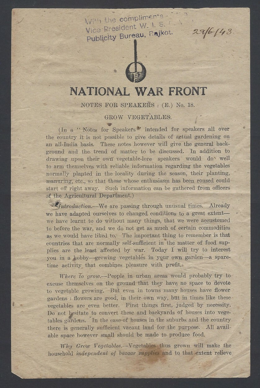 AOP India WW2 propaganda Notes for Speakers # 18 Grow Vegetables leaflet