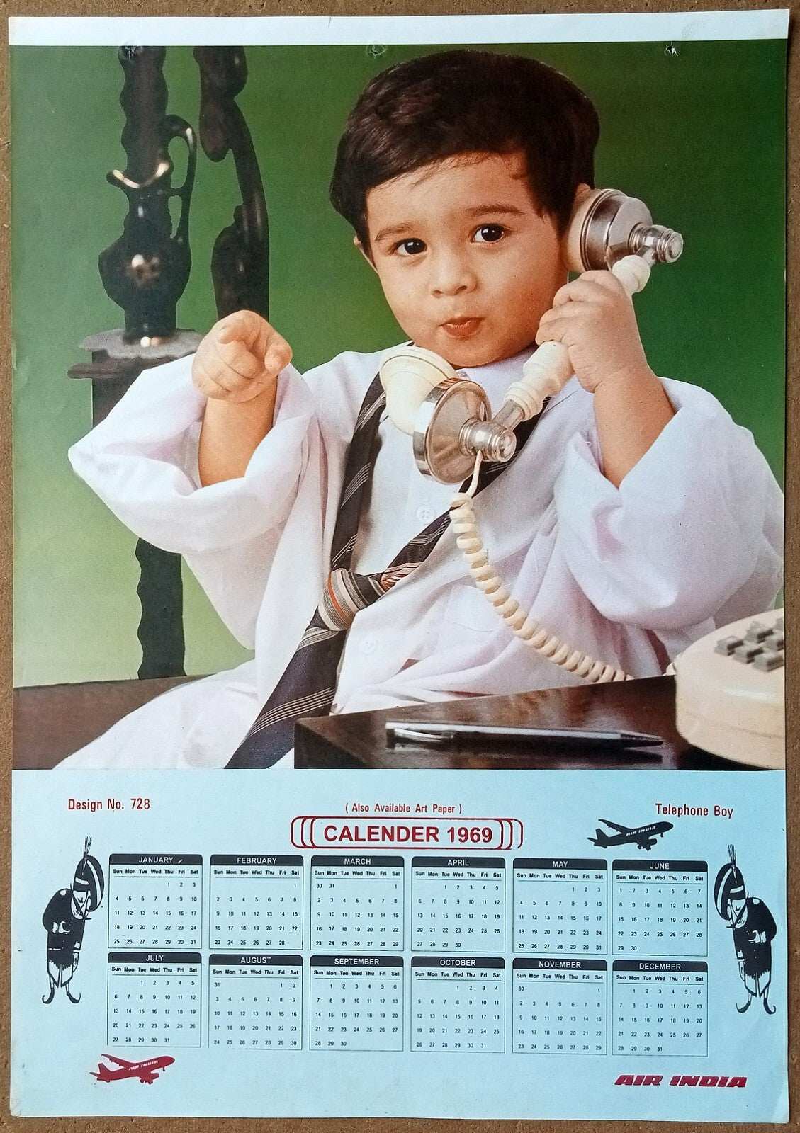 AIR INDIA 1969 poster calender 728 - TELEPHONE BOY - R