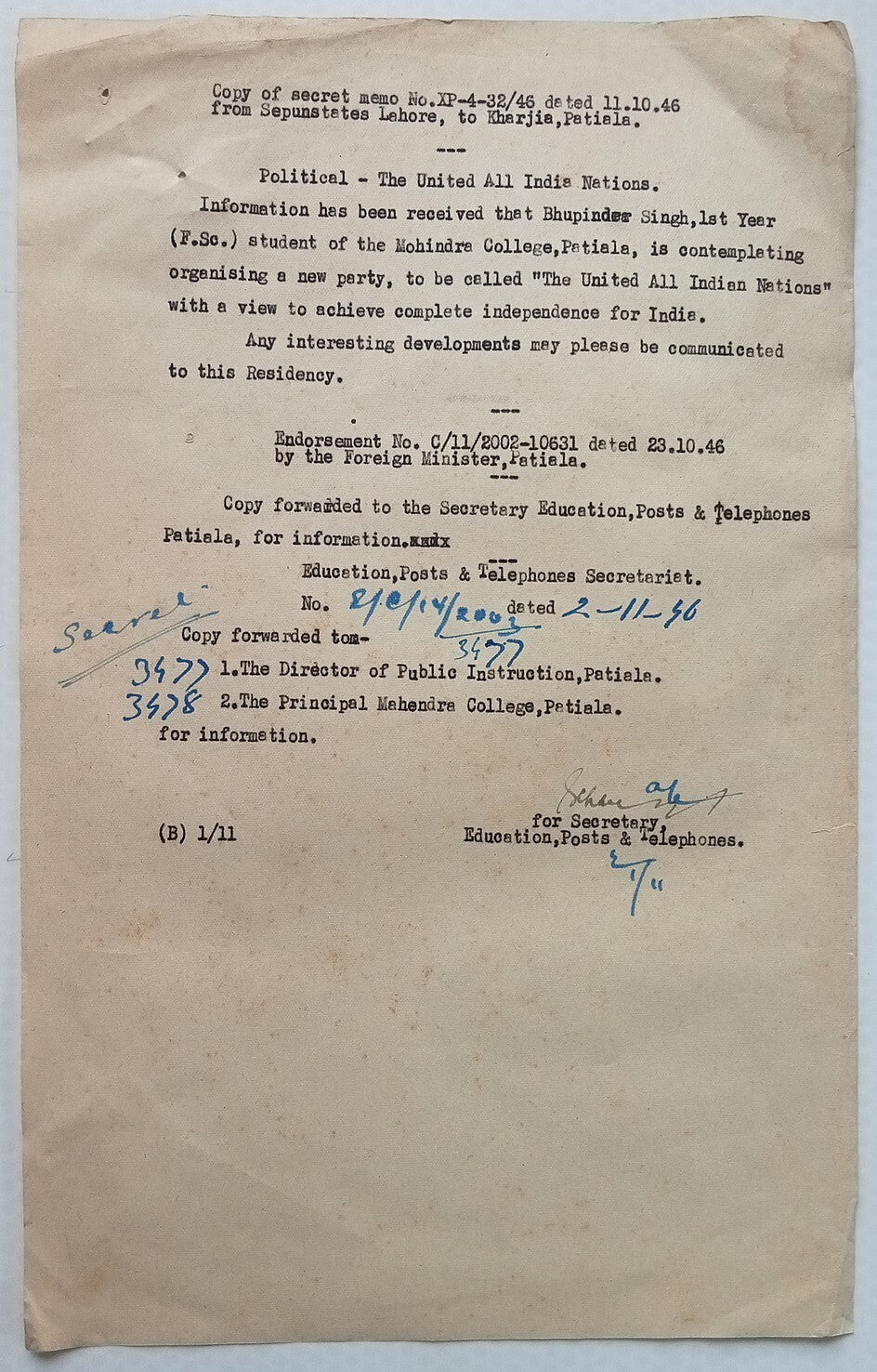 British India 1946 secret official letters - new political party wanting freedom