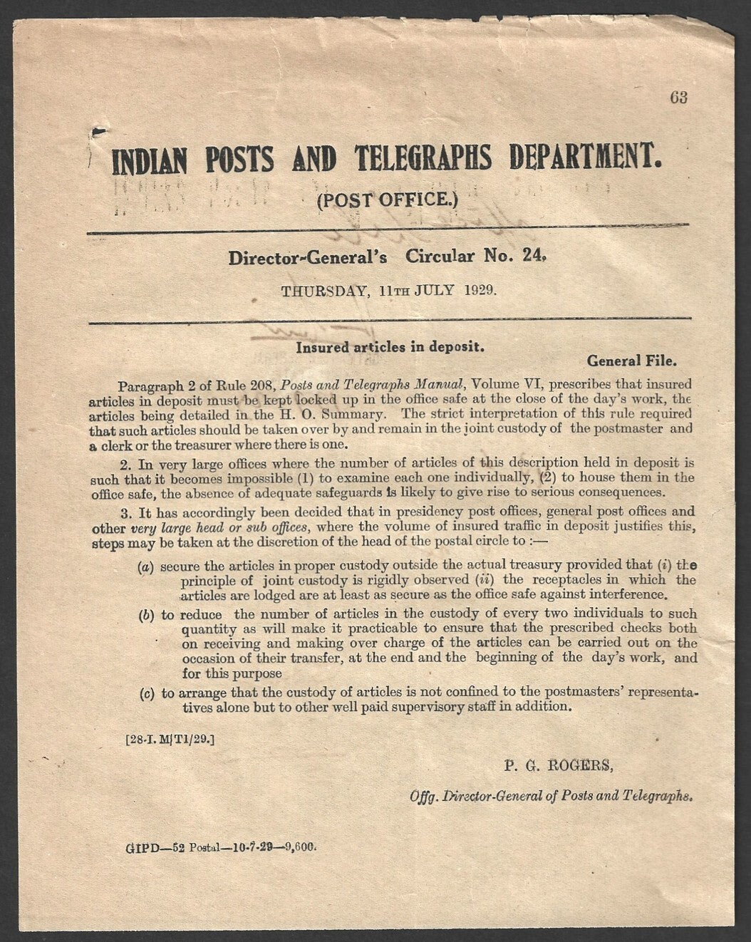India 1929 DG'S POSTAL CIRCULAR Insured articles in deposit