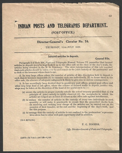 India 1929 DG'S POSTAL CIRCULAR Insured articles in deposit