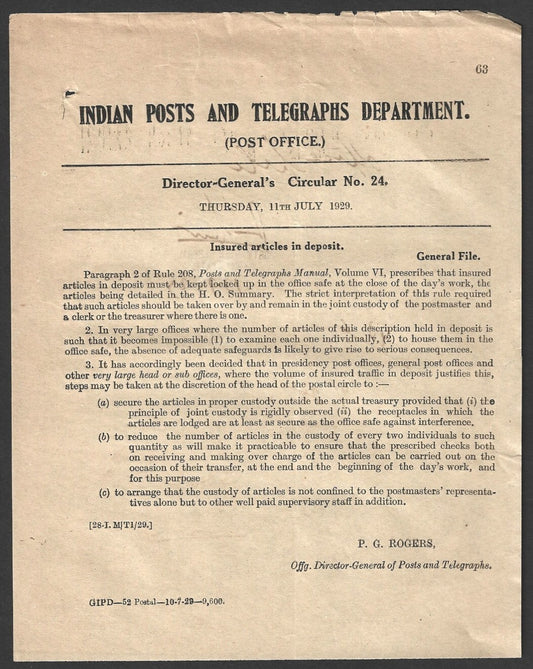 India 1929 DG'S POSTAL CIRCULAR Insured articles in deposit