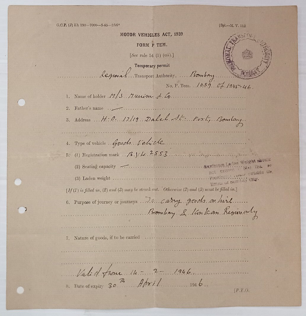 AOP India 1940 MOTOR VEHICLES ACT Temporary Permit form used 1946