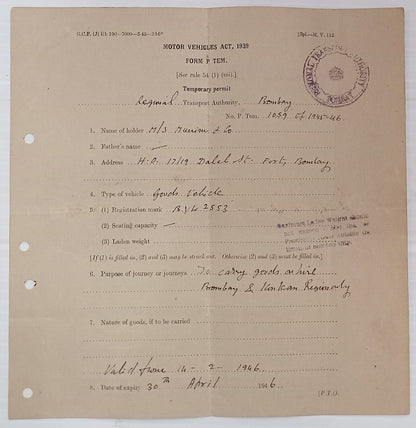 AOP India 1940 MOTOR VEHICLES ACT Temporary Permit form used 1946