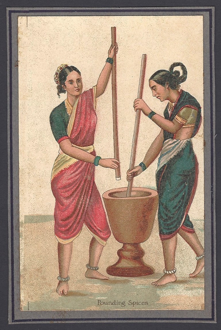 India mounted pre-1900 colour litho card POUNDING SPICES