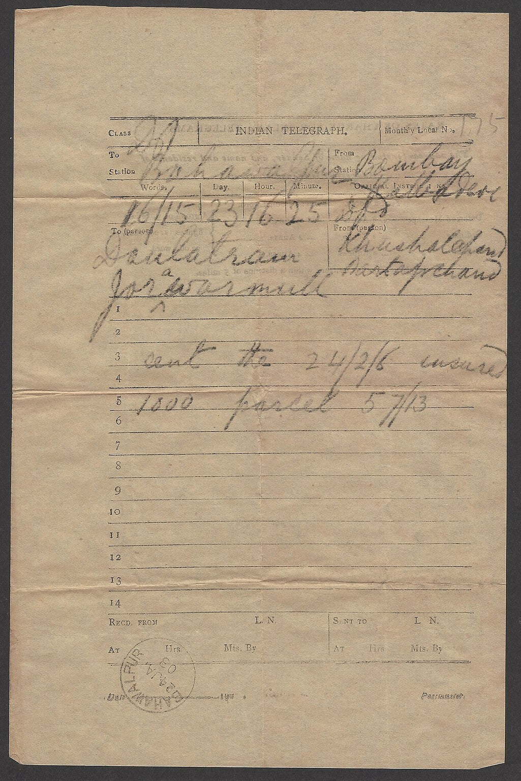 India 1902 telegram cancelled sc BAHAWALPUR + envelope